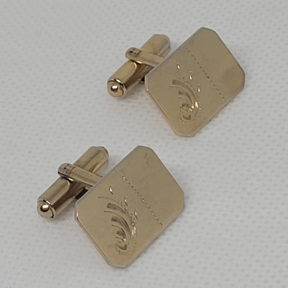 TITAN Vintage 1/20 12KT Gold Filled Rectangular Etched Engraved Cufflinks